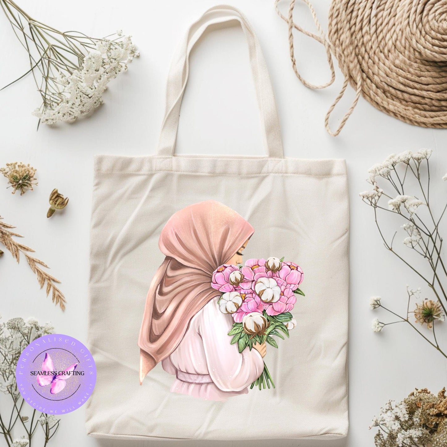 Personalised Eid Gift, Muslim Woman hijab tote, Name in Arabic, Hijabi shopping tote bag Gift For Her, Islamic Name tote, flower hijab woman