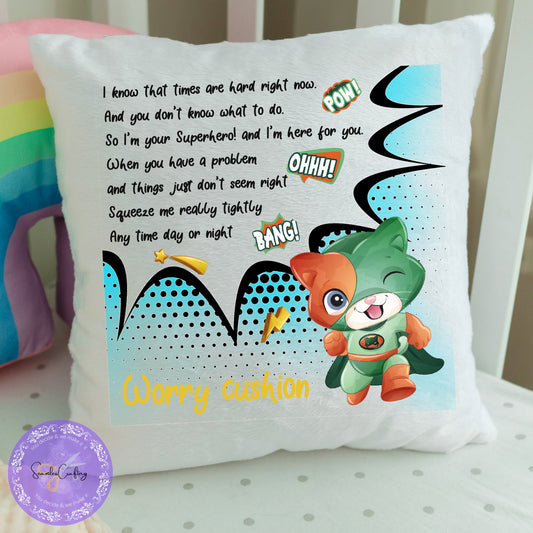 Personalised kids Superhero Cushion, Worry Comforter Soft pillow, Gift bedroom boys and girls, I know times are hard, Bad Dreams Comforter