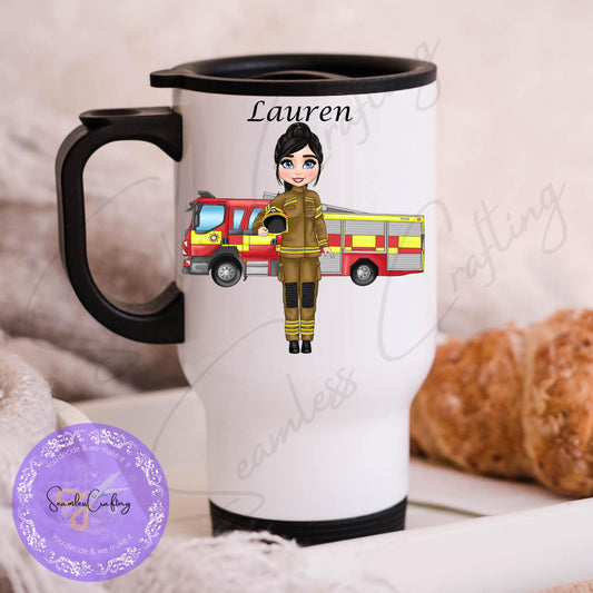 Personalised Female Fire Fighter character gift mug, Firewoman travel mug,  Insulated Stainless Steel Cup, Gift for her, Rescue Services