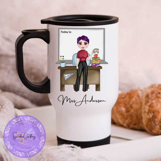Personalised Female teacher Caricature, Character Coffee mug, End of School present, New Teacher, build your character, Thermal cup TA gift