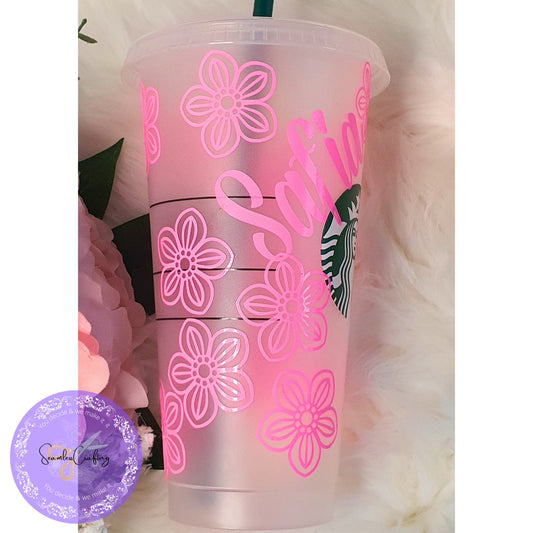 Personalised cold cup with straw, 24 oz flower tumbler names, Reusable iced coffee Venti cup, birthday gift for bridesmaid gift cold cup