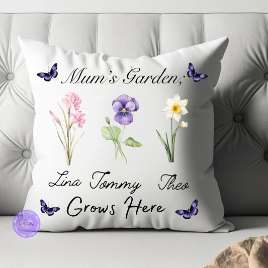 Personalised Mum's Grandma's Garden pillow, Flower name cushion, custom familly name,  Cushion cover birth flower, Mother's Day gift