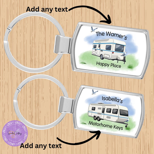 Personalised name Caravan keyring, Custom any text & names, Campervan holiday gift, housewarming gift, New Caravan present metal keyring