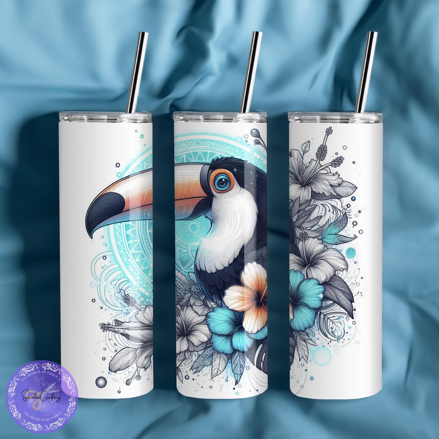 Personalised Floral Toucan 20 oz tumbler. Tropical bird lover gift, Stainless Steel Tumbler, Custom with any name,  Birthday present