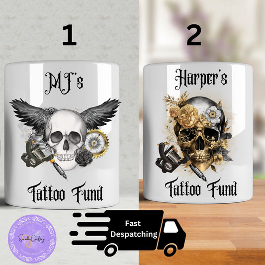 Personalised Tattoo Skull Ceramic Money Box, Tattoo Fund Jar, Tattoo Addict Lover Piggy bank, Gift for her, him, Customised Saving pot