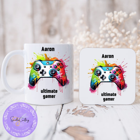 Personalised Gamer Mug & Coaster Set – Custom 11 oz Video Game Coffee Mug with Name – Gift for Gamers, Kids, Teens, or Boyfriends