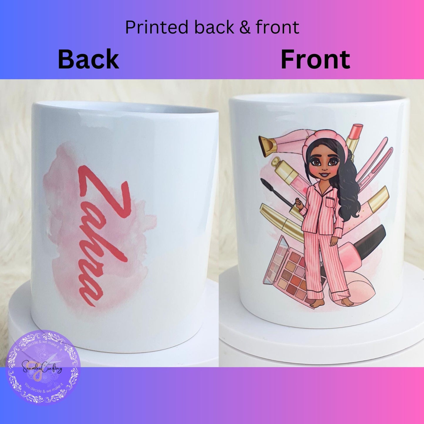 Personalised Makeup Character Girl Linen Pouch, Toiletry bag, Makeup brush holder, Brushes Storage, Custom Pink Doll, Birthday gift for her