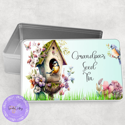 Personalised Bird Seed Tin, Novelty Metal Tin, add any text, Seed Storage, Gift for Her, him, Gardening Gift, Aluminium Tin, Bird Lover Gift
