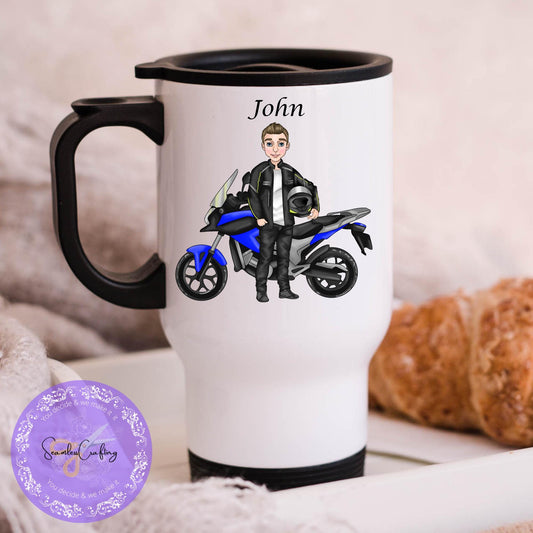 Personalised motorbike male characters mug travel mug, biker cup, Custom build character, add any name, Gift for him motorcycle rider gifts