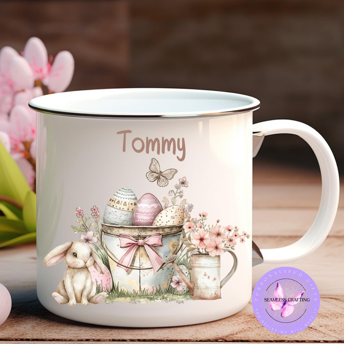 Personalised Easter bunny treat set, Enamal bunny mug, party favour for kids, Gift Mug Easter Hamper Idea, basket filler, birthday party