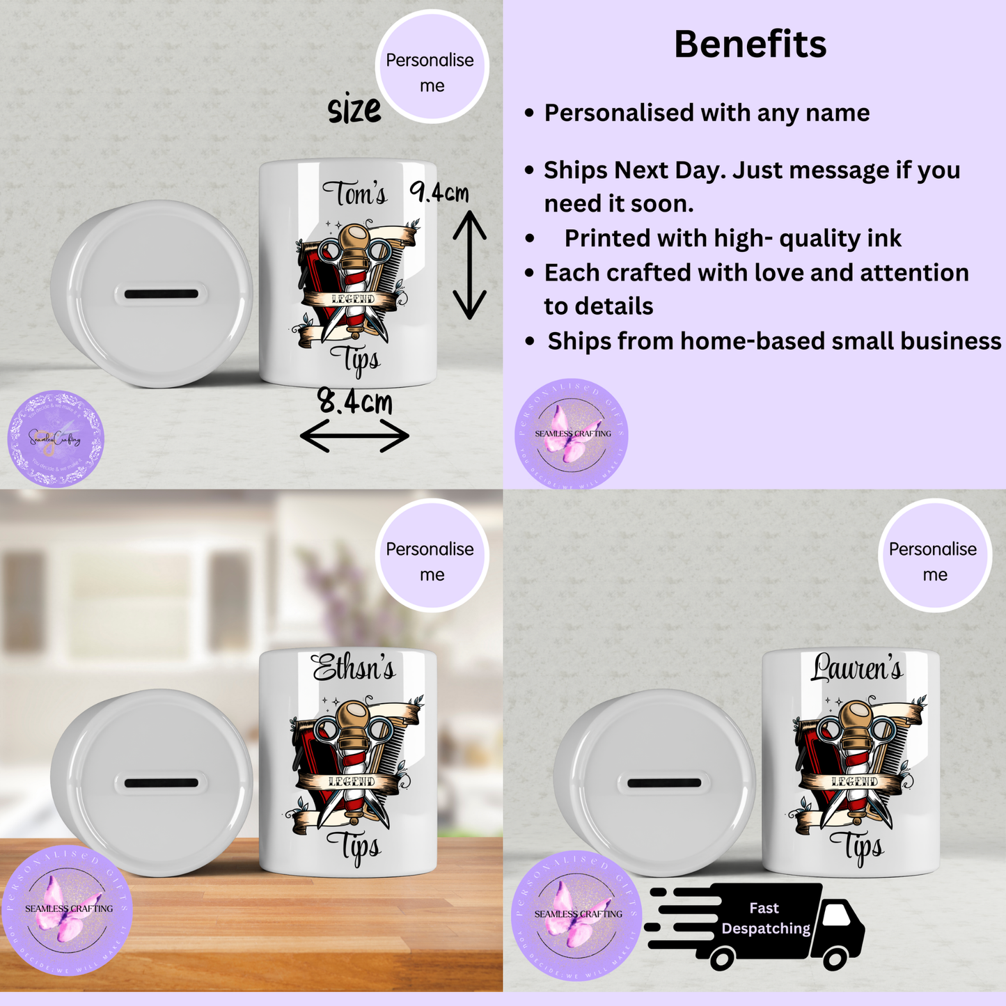 Personalised Barber Tips Jar – Custom Name Hairdresser Tip Jar – Barber Shop Counter Money Pot – Barber Gift