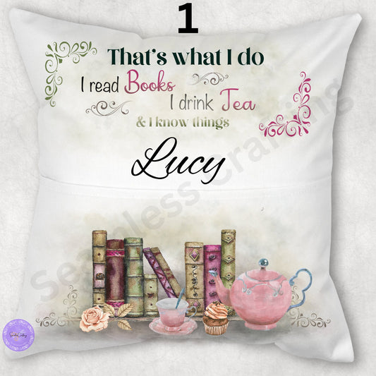 Personalised  Pocket Reading Book Cushion, That's what I do cushion gifts, tea and loving reading pillow, Bedroom Decor, Unique Cushion