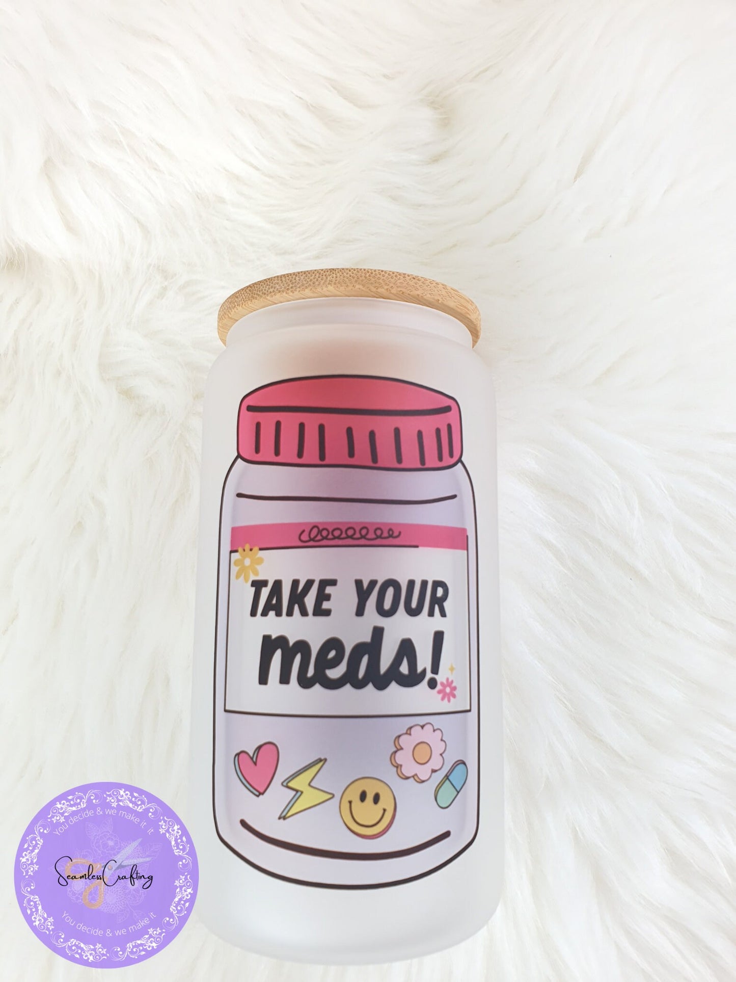 Personalised take your meds glass cup, happy pills mug, funny novelty cold coffee, libbey cup, Bamboo lid, Medication reminder