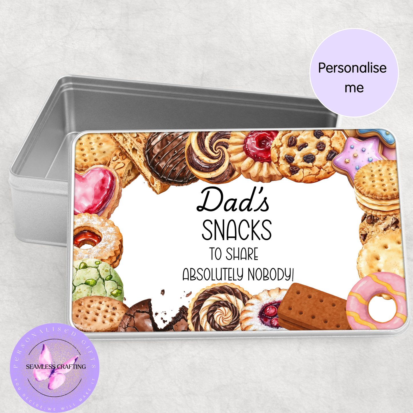 personalised snack tin with name biscuit design funny quote