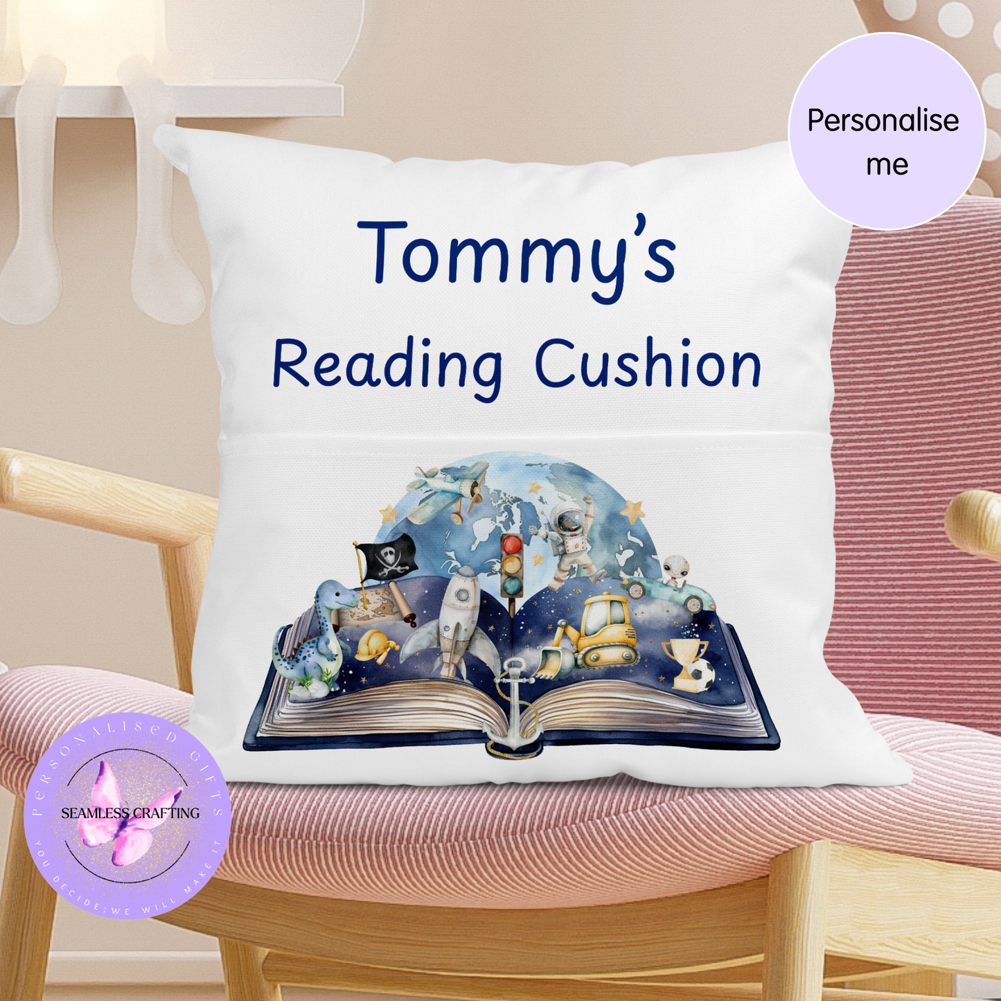 boys reading cushion with dinosaur rocket book illustration