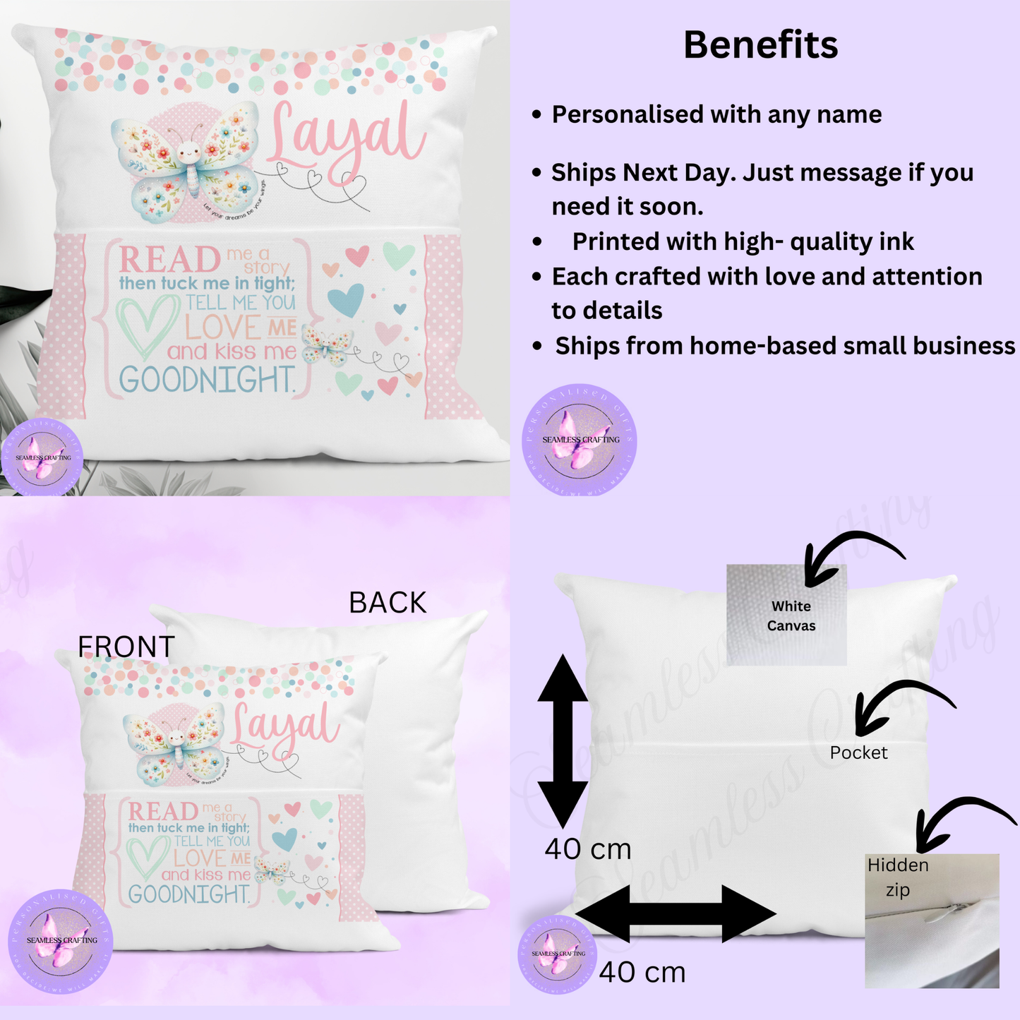 Personalised Butterfly Reading Cushion with Pocket – Girls Custom Name Story Pillow | 40cm Book Cushion Gift