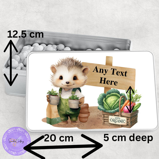 Personalised Hedgehog Gardening Seeds Tin, Garden Seed Storage, Add any name or text, Aluminium metal allotment keepsake, seed kit box