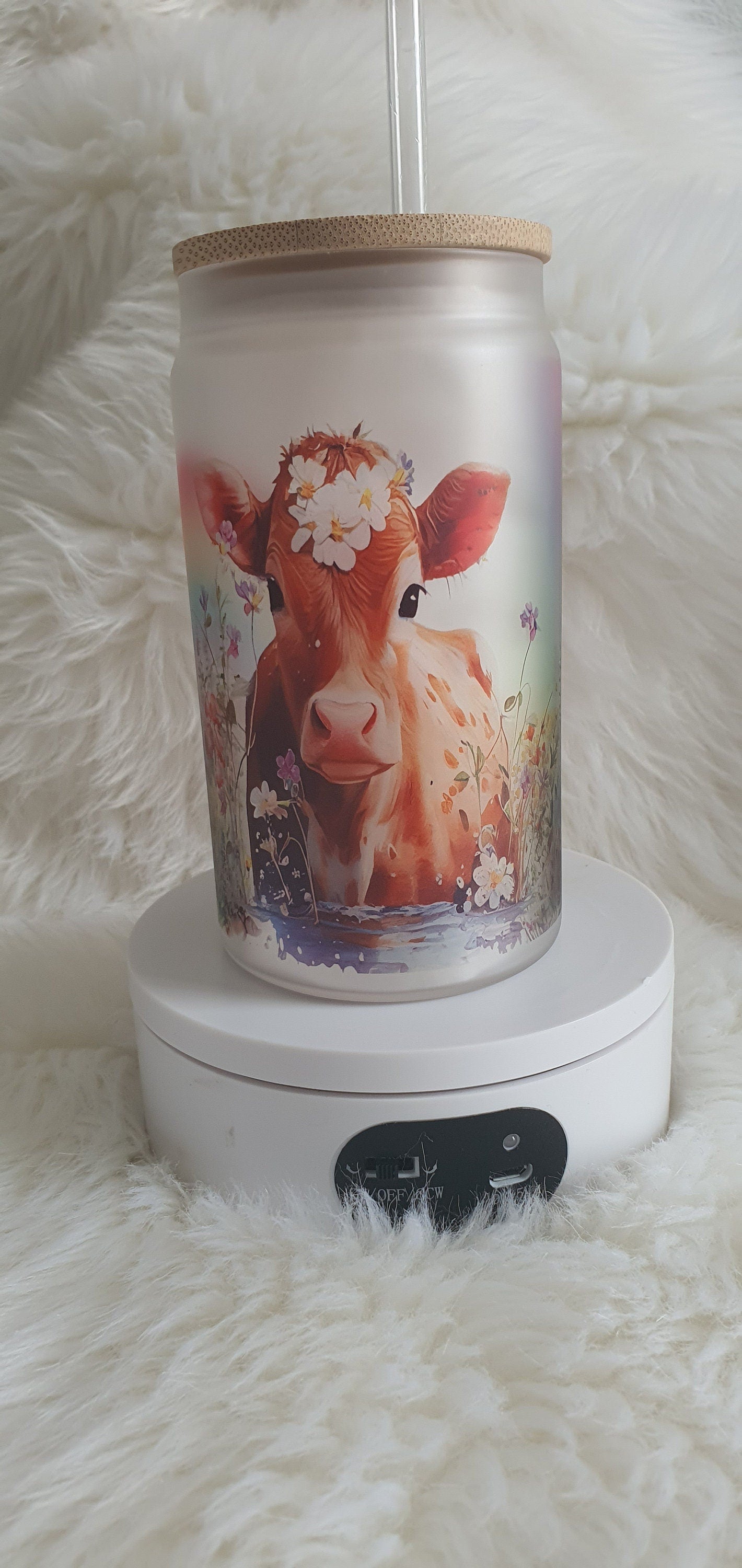 Personalised Glass Cup Floral Rainbow Cow, Iced Coffee Glass Cup, Glass Beer Can Bambo Lid & Plastic Straw, Gift For Cow Lover, Gift For Her
