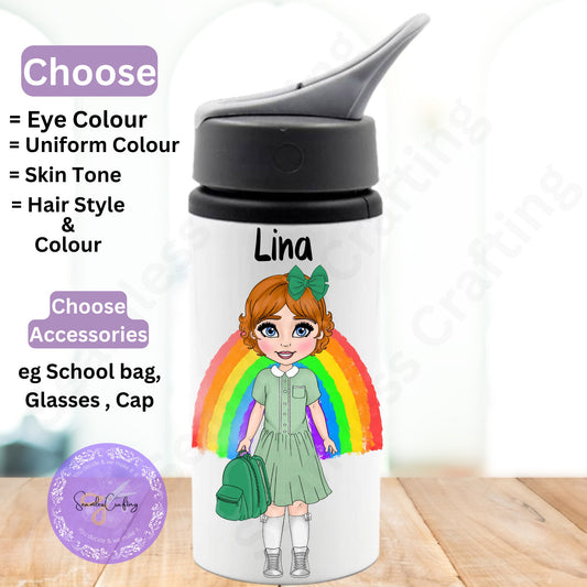 Personalised School uniform water bottle, Back to school water bottle, Nursery water bottle, Girl Character water bottle,customise with name