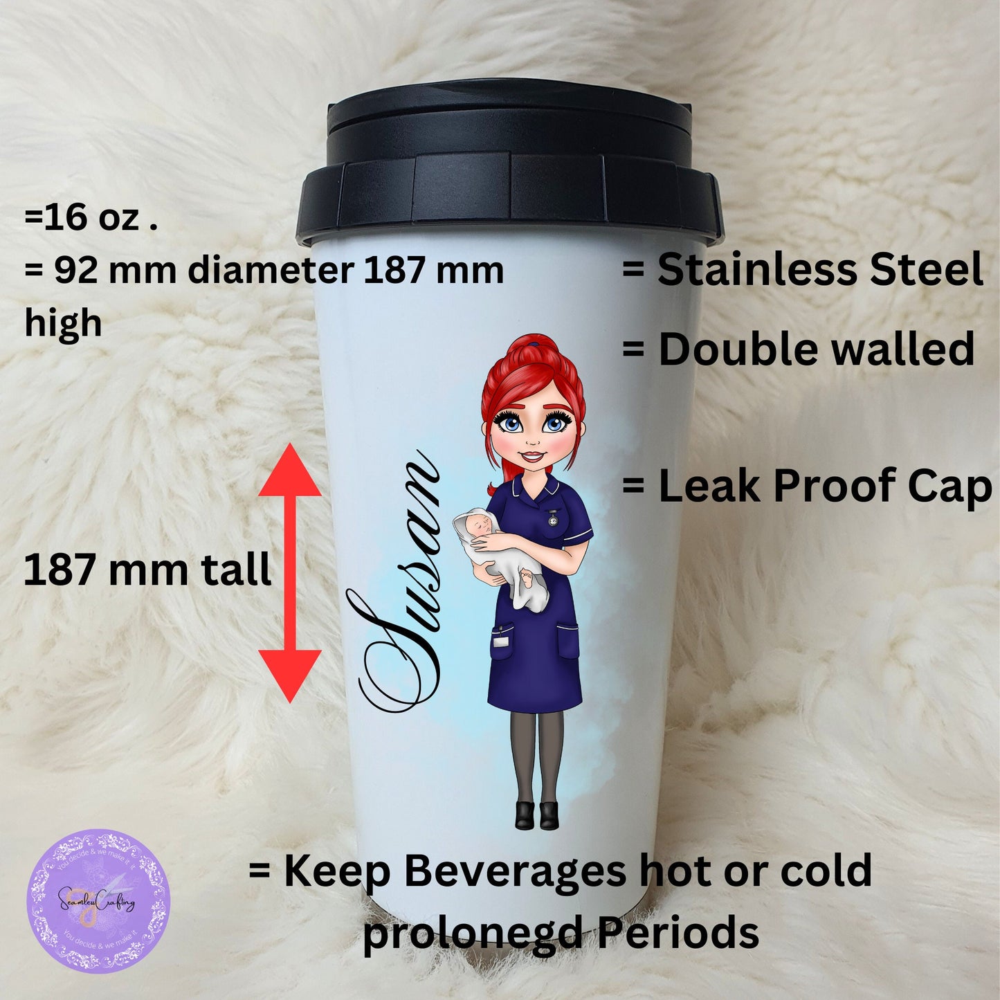 Personalised Midwife Navy uniform Thermos flask, Insulated Travel Mug, Trainee midwife Gift, Reusable Cup For work, Design your Character