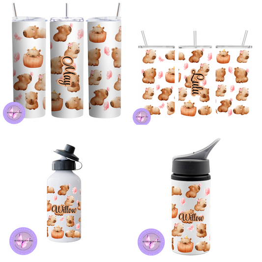Personalised Capybara Water Bottle or Tumbler – Custom Name Chibi Animal Drinkware – 15oz / 20oz Stainless Steel or 600ml Bottle – Cute Gift for Capybara Lovers