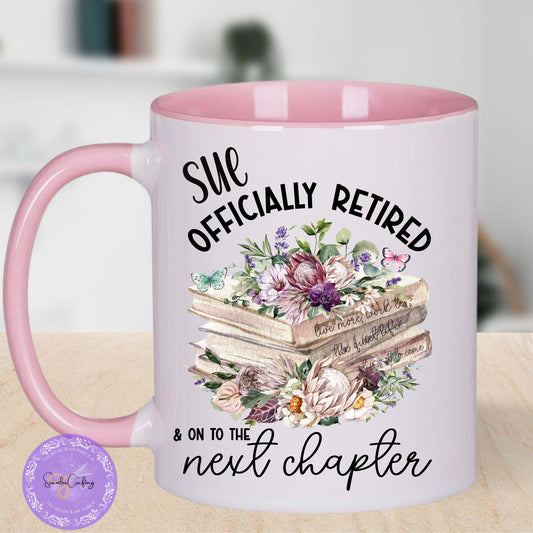 Personalised Officially Retired Retirement mug, Novelty mug, Retiree coffee mug, Officially retired & on to the next chapter, Stack of books