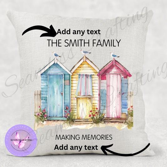 Personalised Beach Hut Gifts, Linen canvas Beach hut Cushion, Summer hut travel mug, ceramic cup, Nautical present, gift for her,him