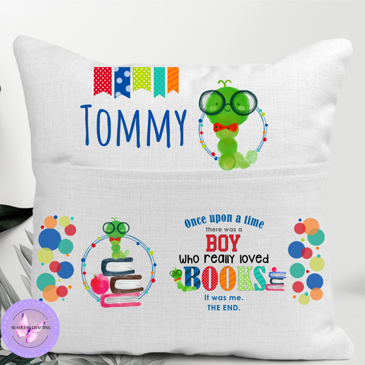 Personalised Boys Reading Cushion – Custom Name Book Pillow with Pocket – Storytime Cushion for Kids Bedroom