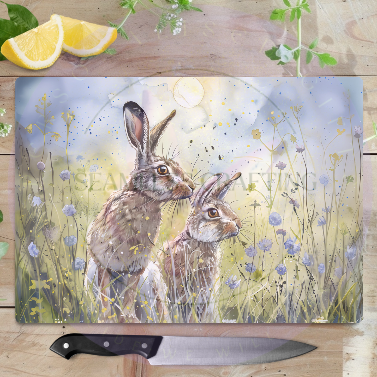 Custom glass chopping board with hare illustration, personalised worktop saver for kitchen use