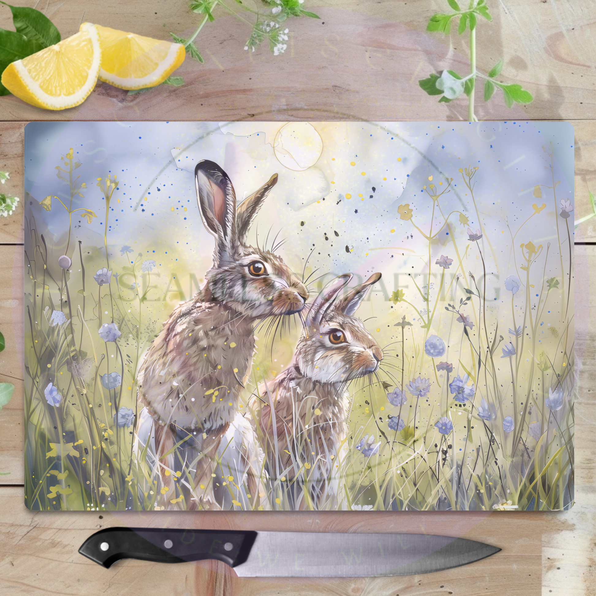 Custom glass chopping board with hare illustration, personalised worktop saver for kitchen use