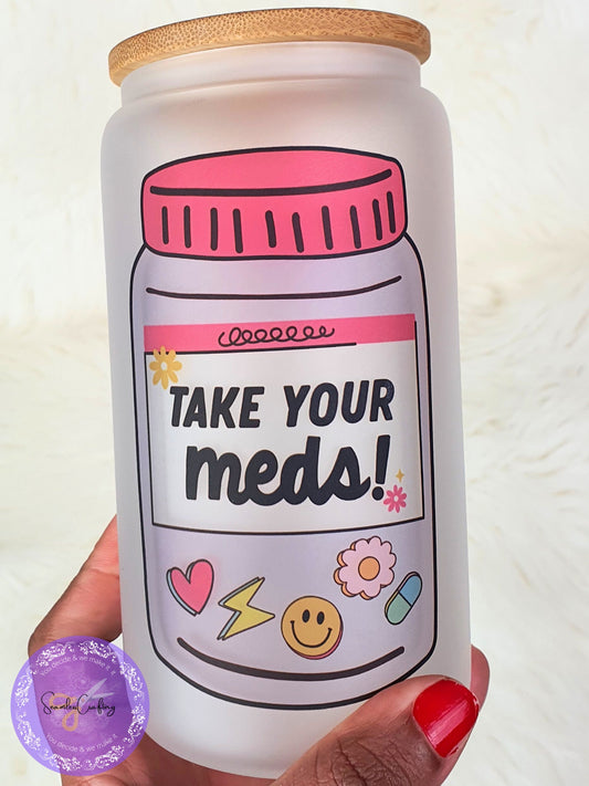 Personalised take your meds glass cup, happy pills mug, funny novelty cold coffee, libbey cup, Bamboo lid, Medication reminder