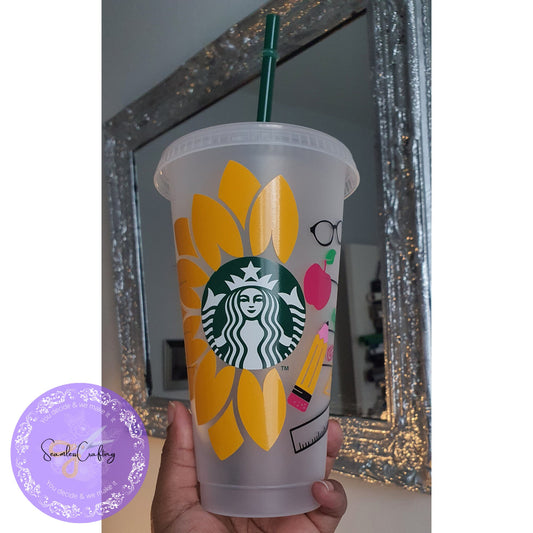 Personalised Starbucks Sunflower Cup, Teacher Pencil Apple Cup, Large Cold Cup 24 0z Cup size, Starbuck Cup with name, Reusable Gift Cup