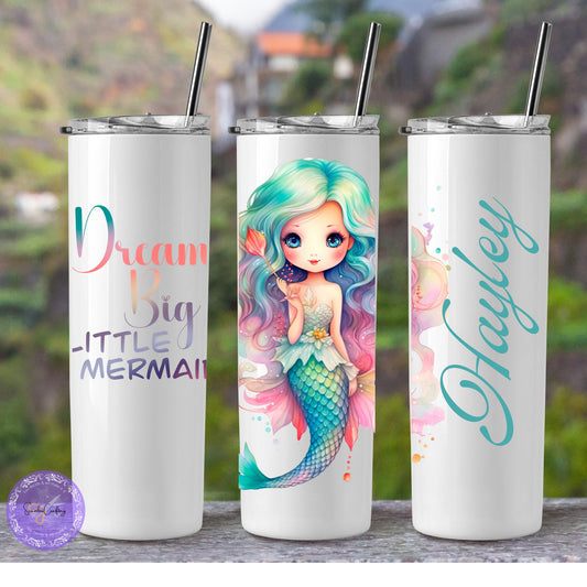 Personalised Little Mermaid Princess Insulated Thermal Skinny Tumbler, Mermaid Travel Mug, Birthday gift for her, Inspirational Mermaid Cup