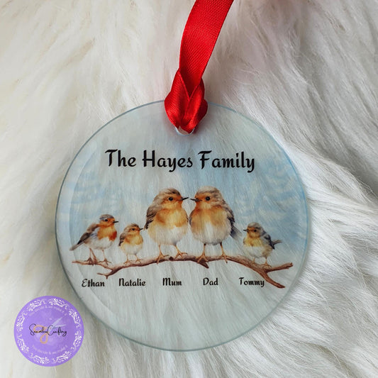 Personalised Robin family clear glass hanging ornament. Christmas gift, Tree decorations present, custom with names, Robin Illustration Deco