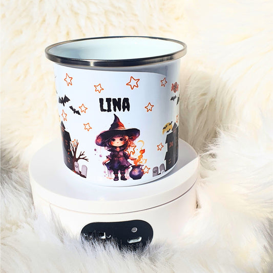 Personalied Halloween kids enamel mug, trick or treat cup, 12 0z unbreakable cup, Spooky kids, Party favour spooky kids, Dracula boy & Witch
