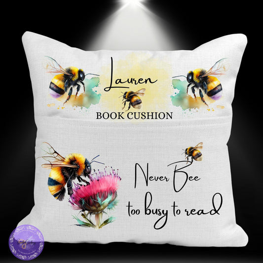 Personalised Adult Bee Reading Cushion, Storytime Pillow, Reading Pocket cushion, Bedroom, Booklover gifts, Canvas Linen Cushion, Floral bee