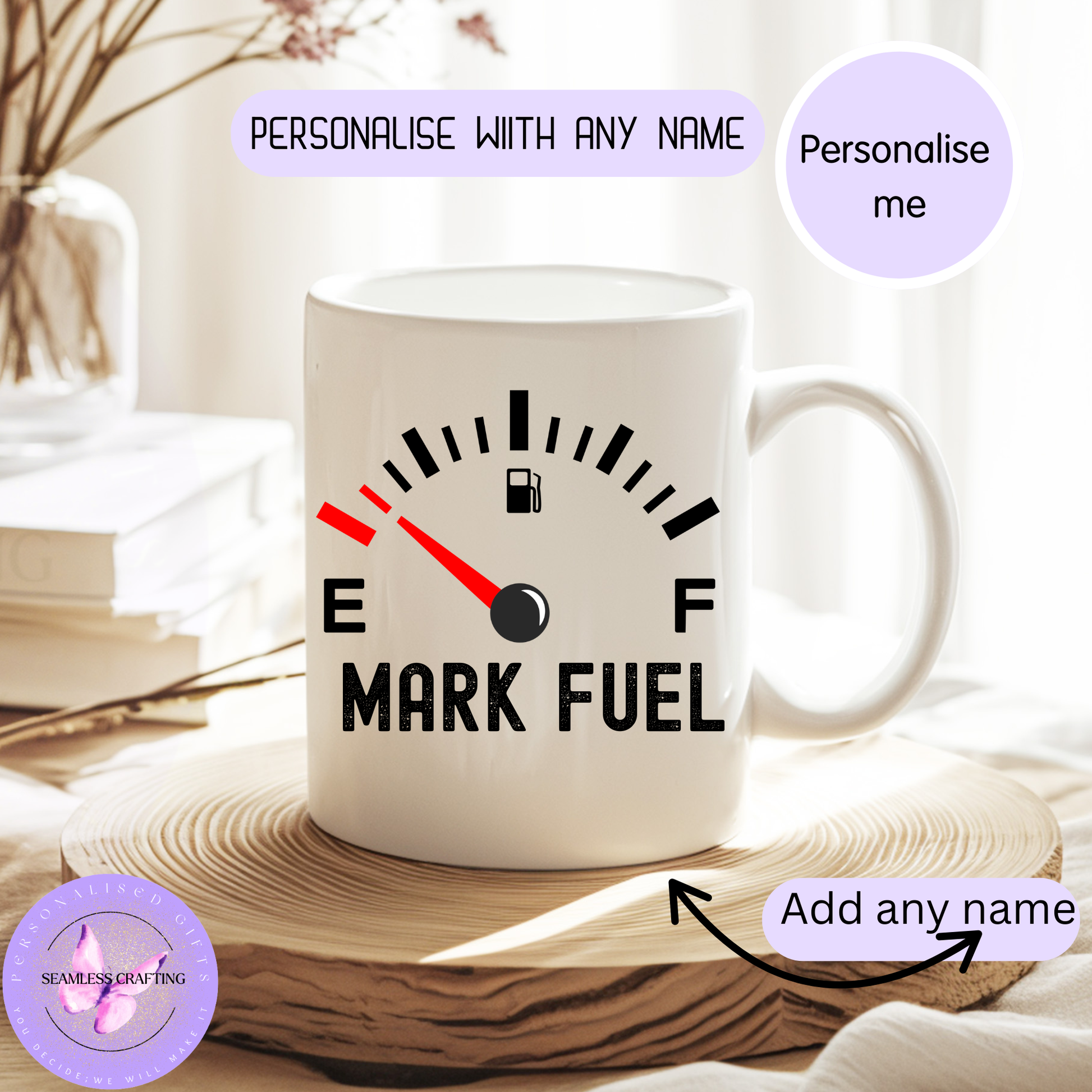 Personalised fuel gauge mug with custom name and black handle
