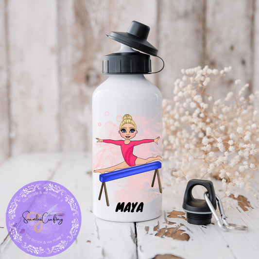 Personalised Beam Gymnast girl water bottle, Stainless steel tumbler, 21 Leotard choice of colours, back to school, caricature drawstring PE