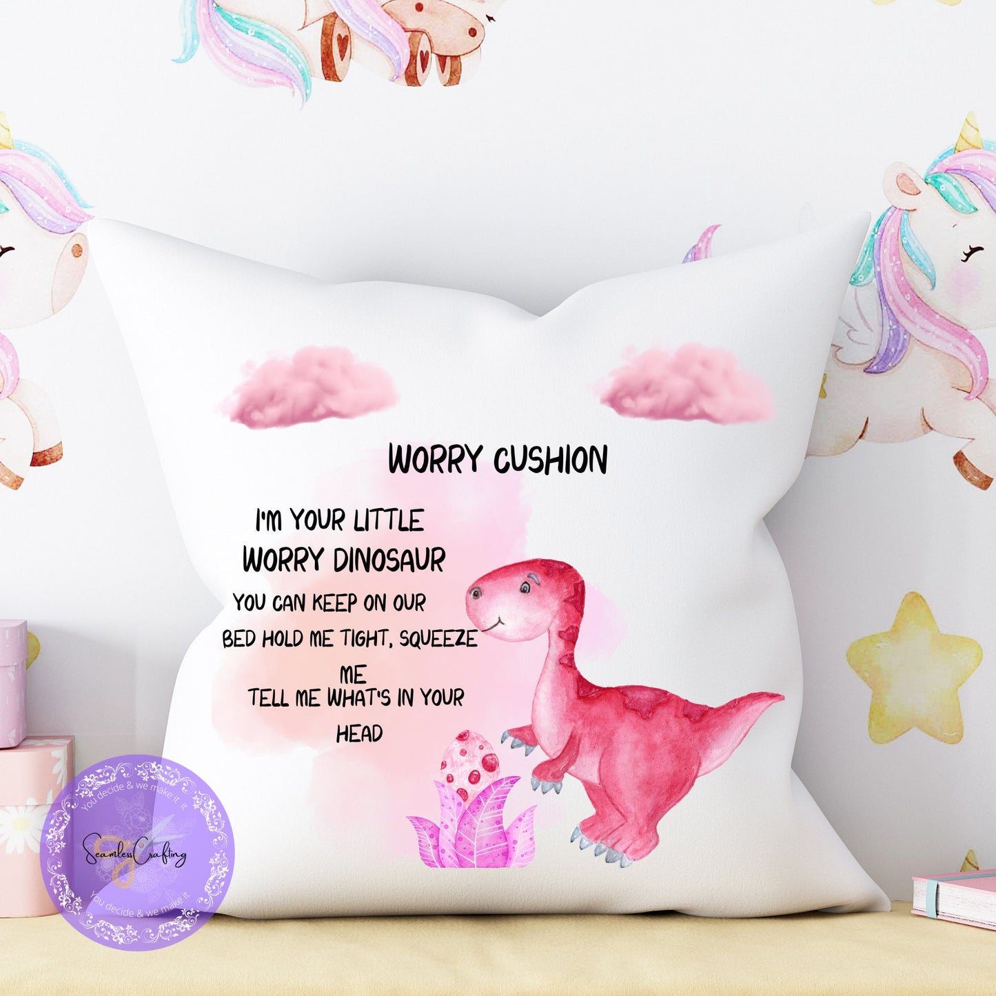 Personalised Dinosaur Worry Cushion, Bad Dreams, Anxiety Calmer Gift Pillow, Bad Dream Catcher, Cuddle Pillow Gifts, Gift For kids