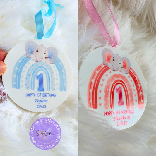 Personalised 1st Birthday plaque, Cute elephant birthday ornament, Keepsake plaque for boy or girl, Acrylic birthday ornament gift with bag