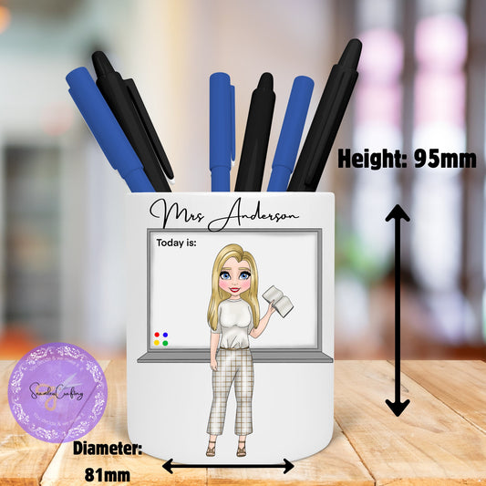 Personalised Female teacher Caricature, Character Pencil holder, End of School present, New Teacher, build your character, pens pot gift