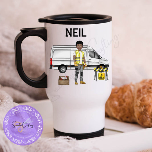 Personalised travel mug builder workman Gift, Construction worker Engineer, Handyman contractor Builder, Workman joiner yellow vest mug gift