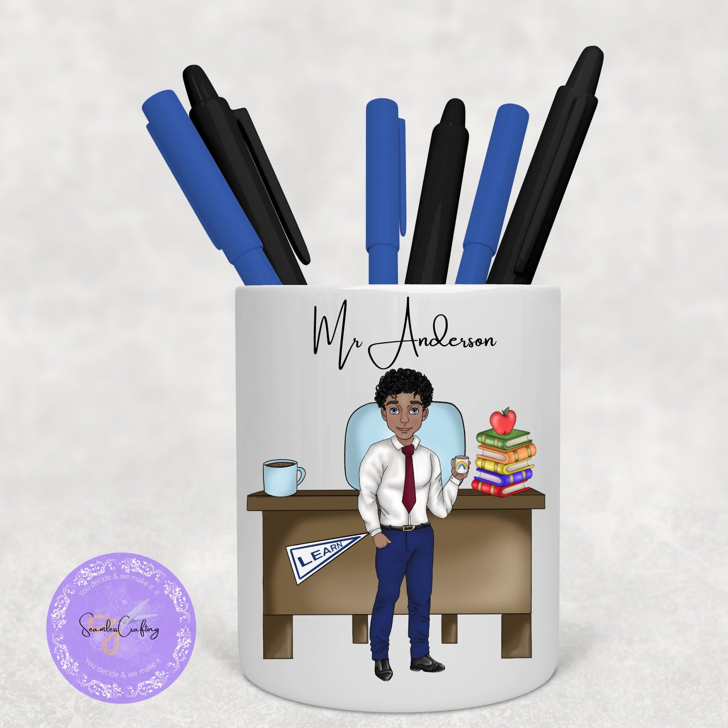 Personalised Male teacher Caricature, Character Pencil holder, End of School present, New Teacher, build your character, pens pot gift