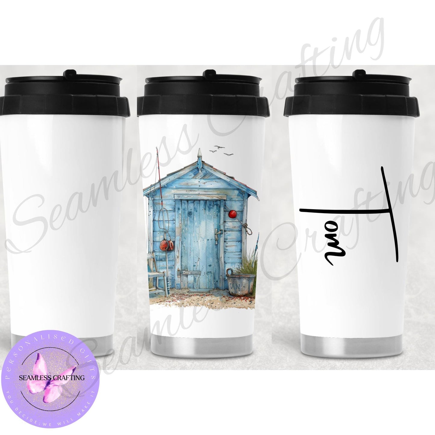 Personalised Beach Hut Gifts, Linen canvas Beach hut Cushion, Summer hut travel mug, ceramic cup, Nautical present, gift for her,him