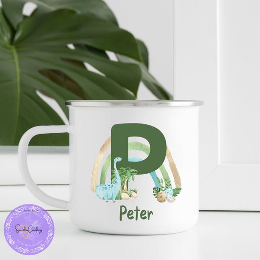 Personalised  Enamel Mug , Kids Cups,Name Mug, Tin Mug, Mini Mug, Gift For Children,Unbreakable Mug,Children's Birthday Gift, Dinosaur