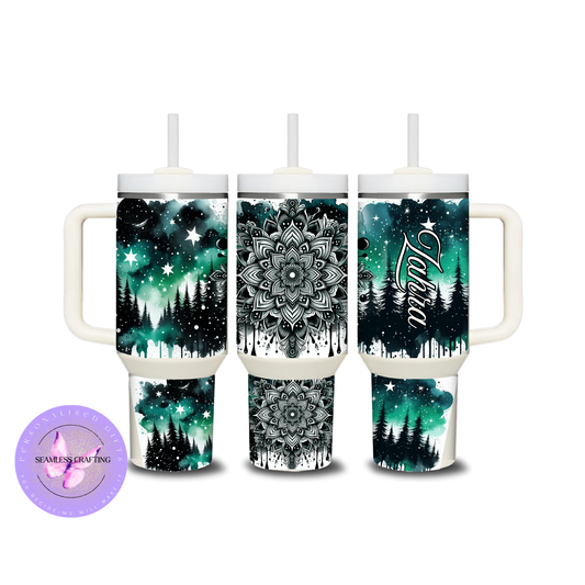 Personalised 40oz Travel Tumbler with Handle – Mandala Forest Night Sky Design
