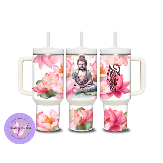Personalised 40oz Travel Tumbler with Handle – Buddha & Pink Lotus Flower Design