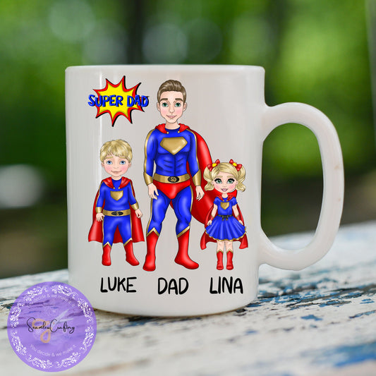 Personalised Superhero Dad Character and kids, Father's Day Gift, Father & Kids Mug, Best Dad Gift Superhero, Father's Day Gift from kids