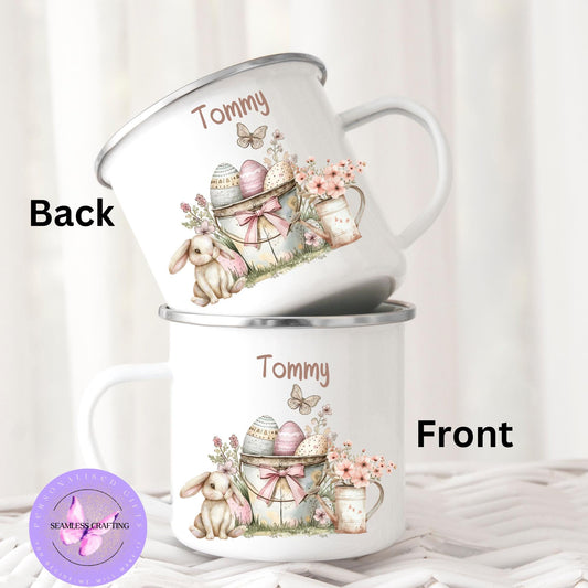 Personalised Easter bunny treat set, Enamal bunny mug, party favour for kids, Gift Mug Easter Hamper Idea, basket filler, birthday party