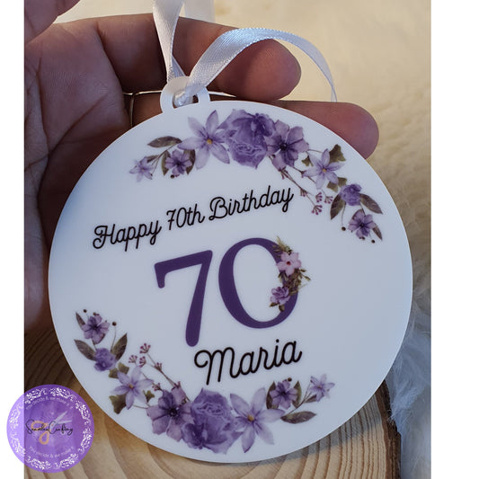 Personalised Milestone Birthday Hanging Acrylic ornament & Mug,  Any age Purple flowers Plague, Gift For Her, 18th, 50th Birthday Keepsake